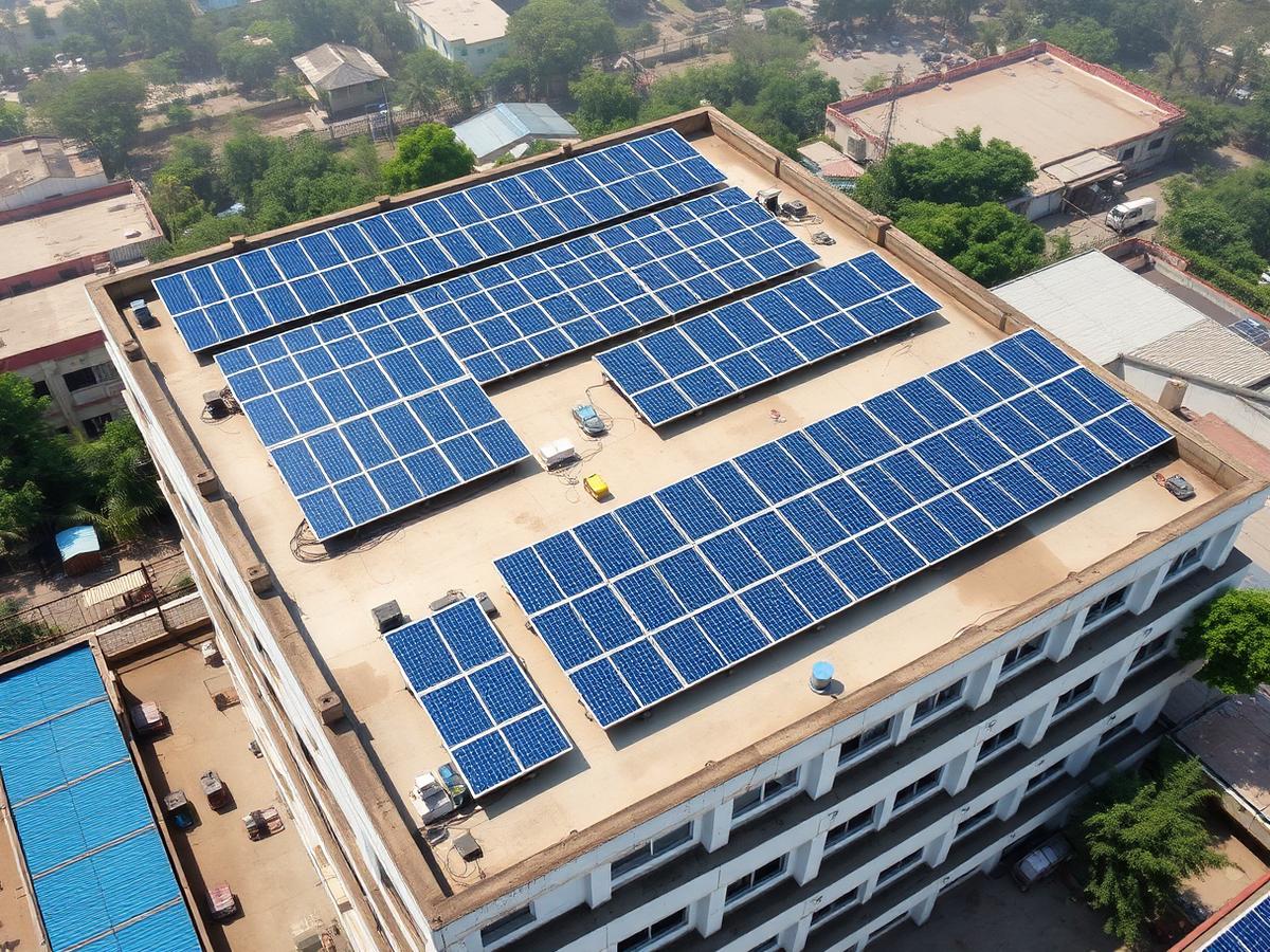 Aerial view of commercial rooftop solar plant